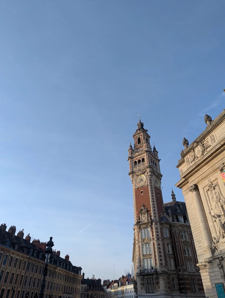 A photo looking up at the belfry and clock tower in Lille, France. The sky is a light blue with some hazy clouds. To the left of the photo are classic buildings. A single lamp post sits in the foreground.